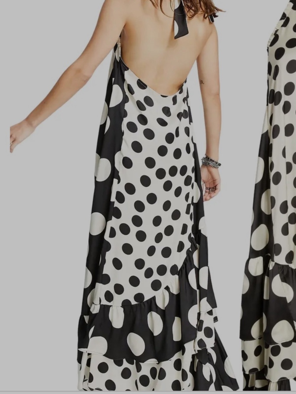 Topshop Black and White Polka Dot Halter Maxi Dress with Ruffle Hem - Picture 2 of 5